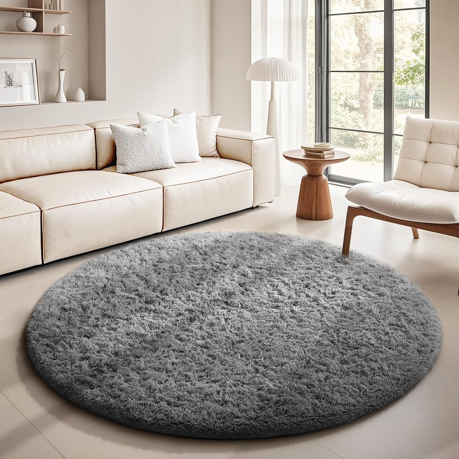 Ophanie Round Rug Medium Grey Circle Area Rugs, Fluffy Fuzzy Bedroom Carpet  Plush Shag Indoor Floor Gray Living Room Christmas Circular Aesthetic Decor for Kids Teen Boys Baby,Nursery, Classroom
